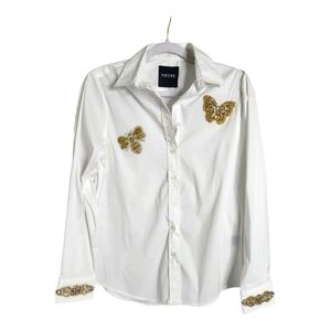 Boutique hand sewn Jeweled bee and butterfly applique white button down size M